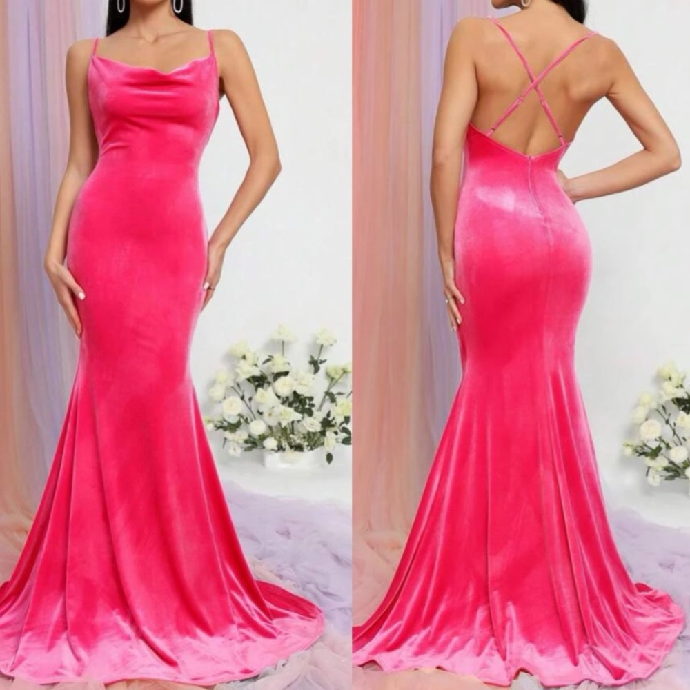 Luxe party prom wedding bridesmaid draped collar mermaid hem velvet gown dress